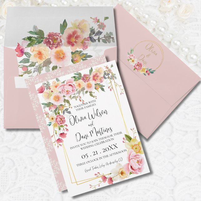 Spring Pink Floral Gold Frame Wedding Invitation (Creator Uploaded)