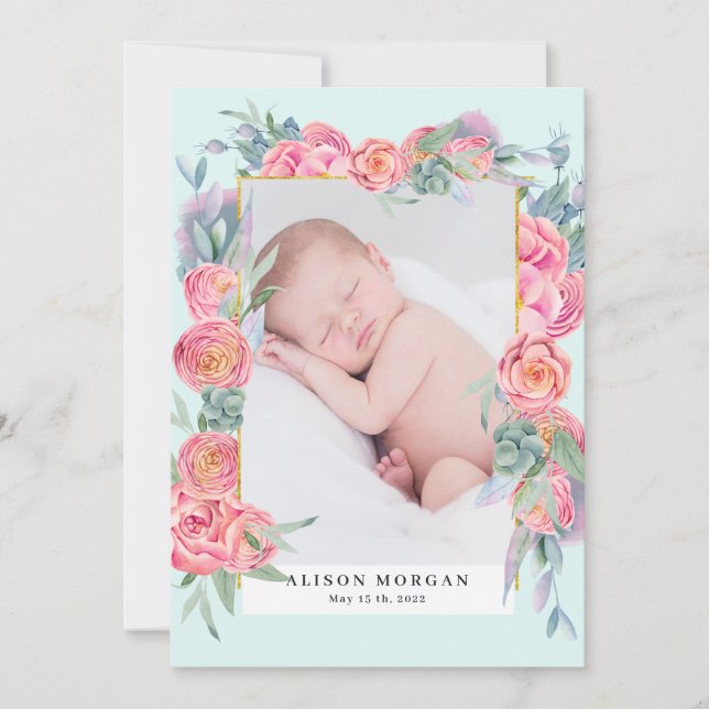 spring pink floral gold photo birth announcement (Front)