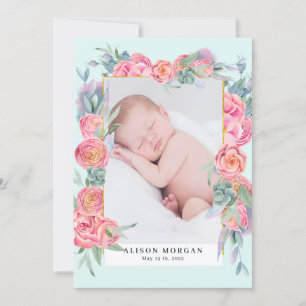 spring pink floral gold photo birth announcement