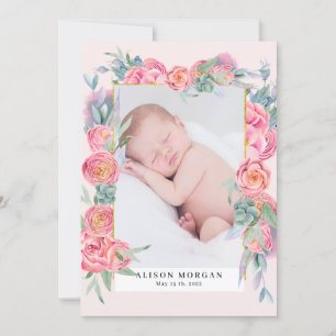 spring pink floral gold photo birth announcement