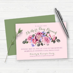 Spring Pink Floral Mothers Day Brunch   Sage Green Invitation