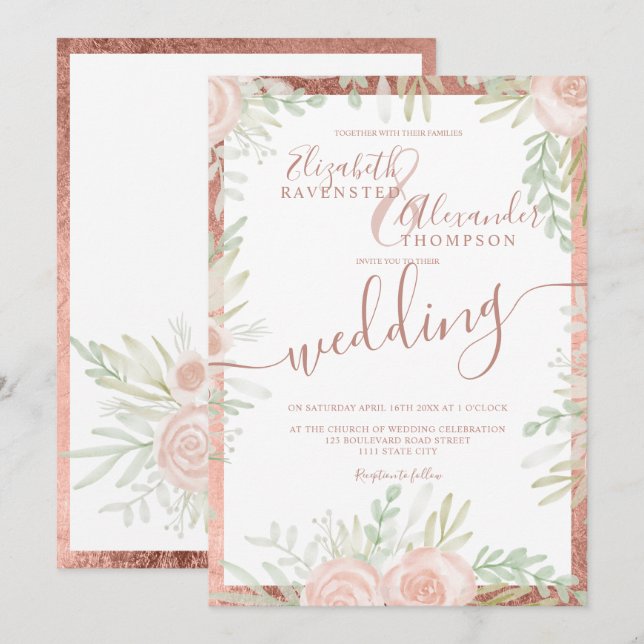 Spring Pink floral rose gold border white wedding Invitation (Front/Back)