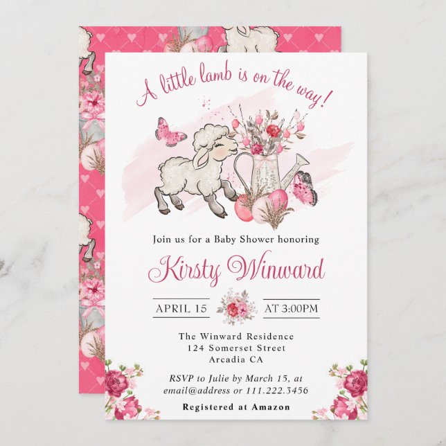 Spring Pink Flowers and Cute Lamb Baby Shower Invitation (Front/Back)