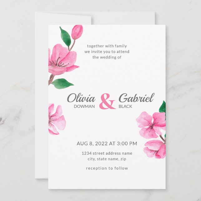 Spring pink Garden Delicate Cherry blossom Wedding Invitation (Front)