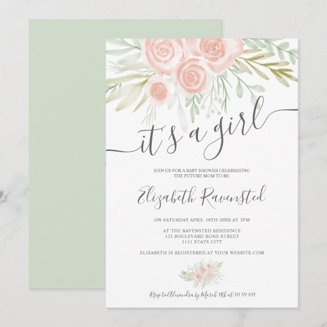 Spring pink greenery floral watercolor baby shower invitation (Front/Back)