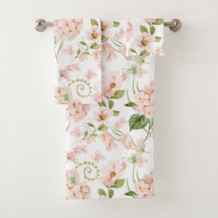 Spring pink hydrangea floral arrangement  bath towel set
