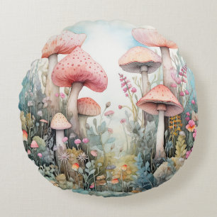 Spring Pink Mushroom Vibes Watercolor Round Cushion