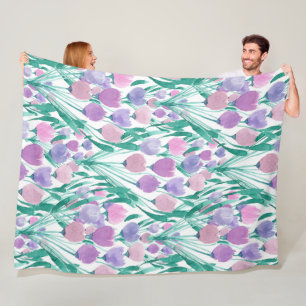 Spring Pink Purple Tulip Floral Watercolor Fleece Blanket