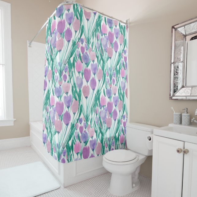 Spring Pink Purple Tulip Floral Watercolor Shower Curtain (In Situ)