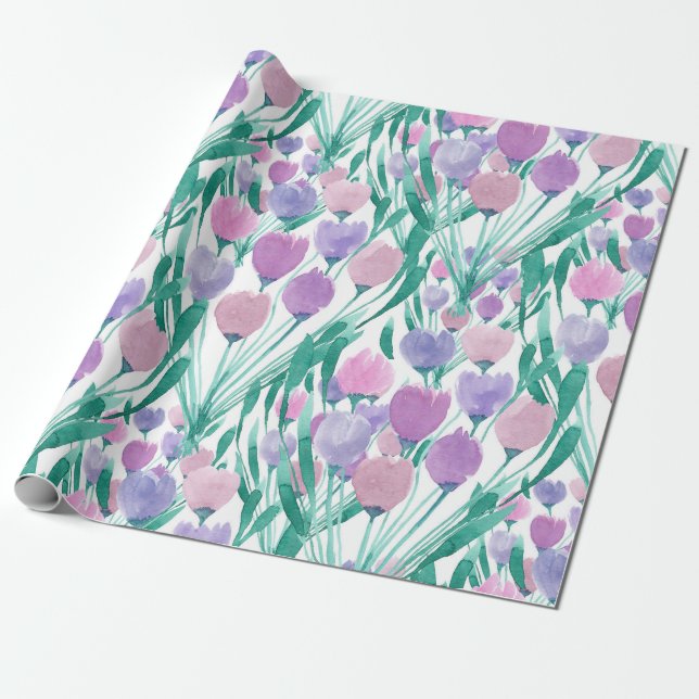 Spring Pink Purple Tulip Floral Watercolor Wrapping Paper (Unrolled)