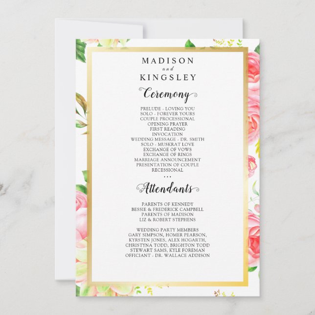 Spring Pink Rose Butterfly Garden Wedding Program Invitation (Front)