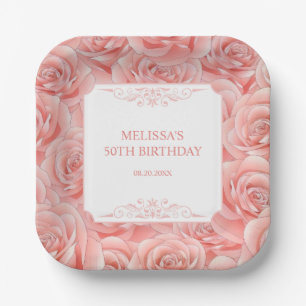 Spring Pink Roses Blossom Floral Birthday  Paper Plate