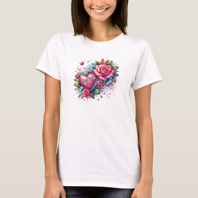 Spring pink roses glitter heart glam Best Mum T-Shirt (Front)