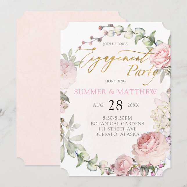 Spring Pink Roses Peony Gold Foil Engagement Party Invitation (Front/Back)