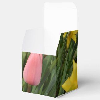 spring pink tulip and yellow daffodil flowers favour box