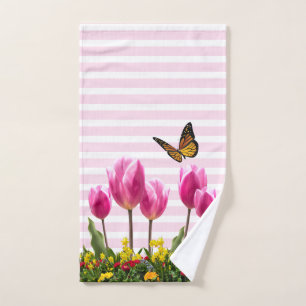 Spring Pink Tulip Flowers  Hand Towel