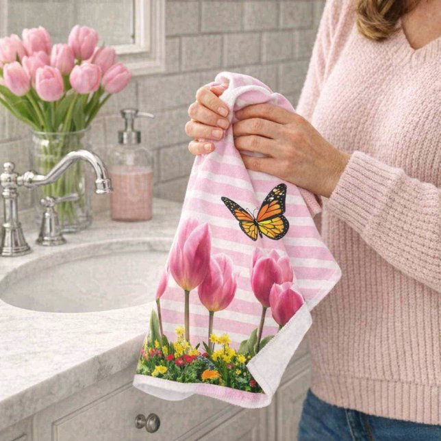 Spring Pink Tulip Flowers  Hand Towel (Creator Uploaded)