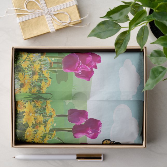 Spring Pink Tulips and Butterfly Decoupage  Tissue Paper (Gift)