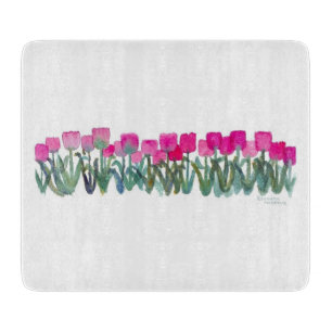 Spring Pink Tulips Glass Cutting Board 6"x7"