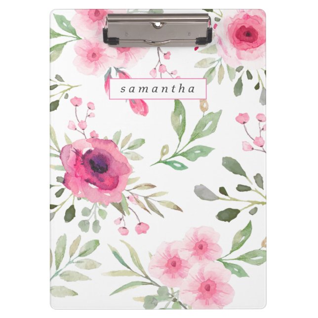 Spring Pink Watercolor Floral Personalised Clipboard (Front)