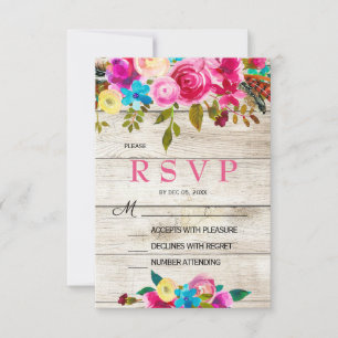 Spring Pink Watercolor Floral Wood RSVP card