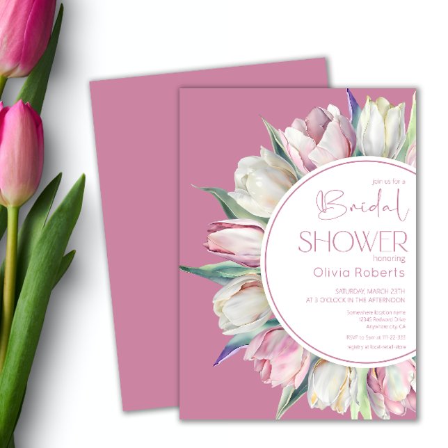 Spring pink white tulips Bridal shower Invitation (Creator Uploaded)