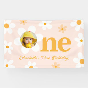 Spring Pink Yellow Daisy 1st Birthday Photo  Banner