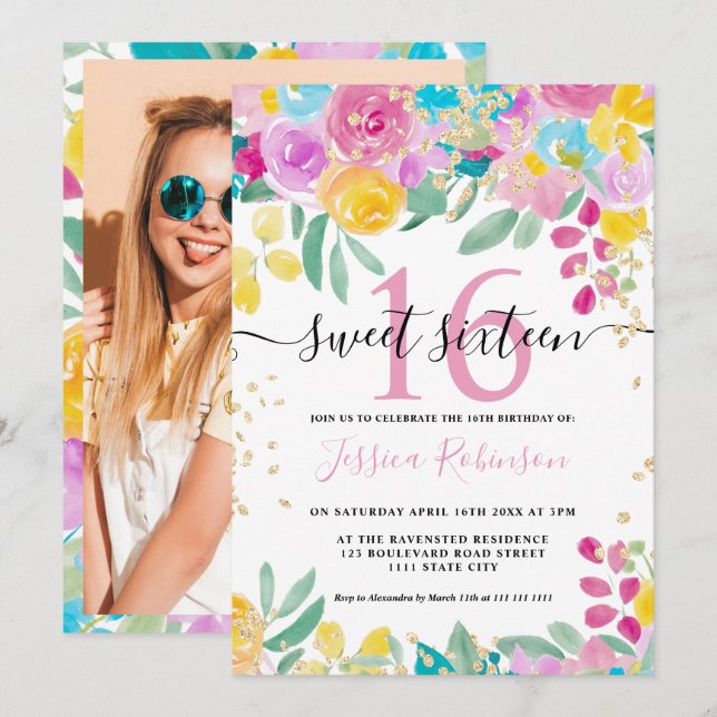 Spring pink yellow floral gold script Sweet 16 Invitation (Front/Back)