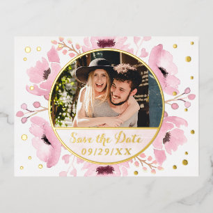 Spring Pinks Watercolor Floral Save The Date Real Foil Invitation Postcard