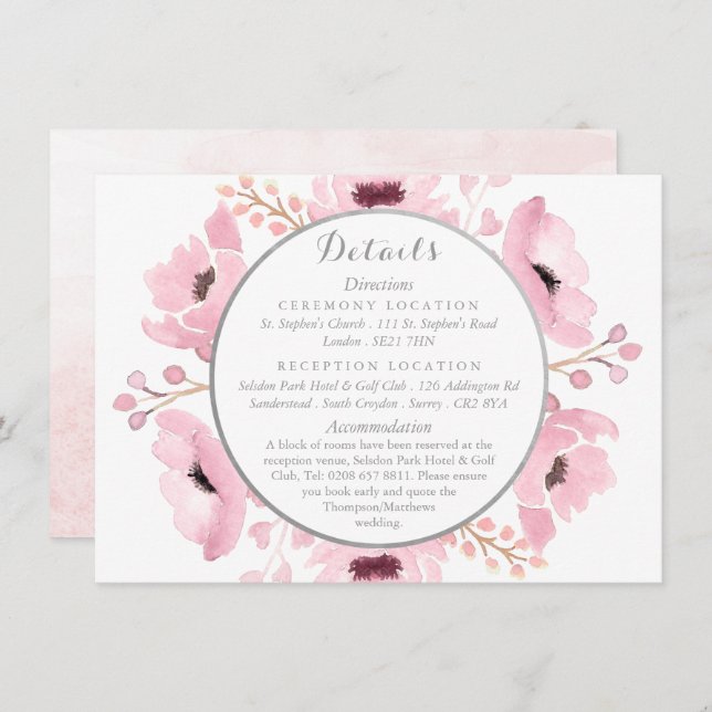 Spring Pinks Watercolor Floral Wedding Details Invitation (Front/Back)