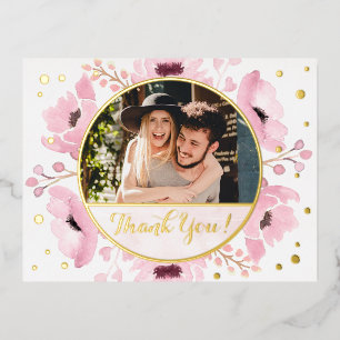 Spring Pinks Watercolor Floral Wedding Thank You Foil Invitation Postcard