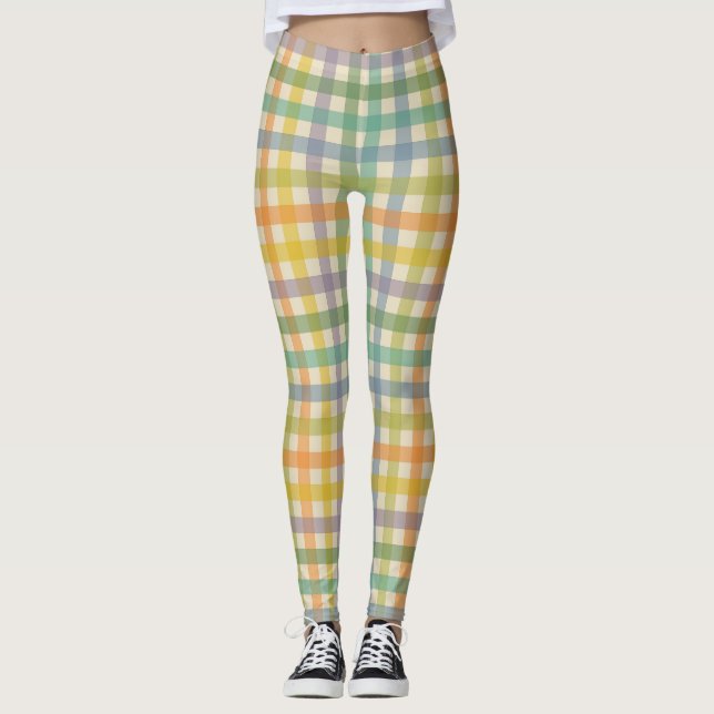 Spring Plaid Pattern in Orange Green and Brown Leggings (Front)