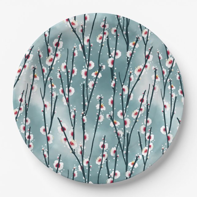 Spring Plum Blossom Floral Pattern Paper Plate (Front)