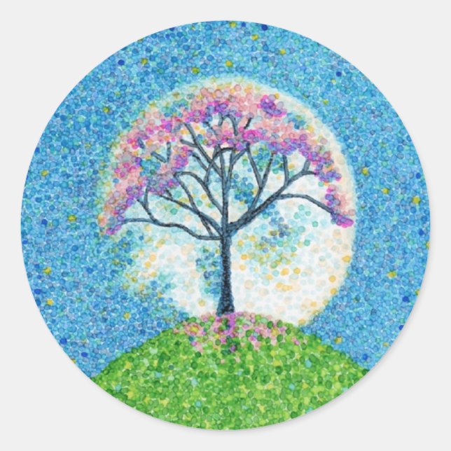 Spring Pointillism Tree Moon Classic Round Sticker (Front)