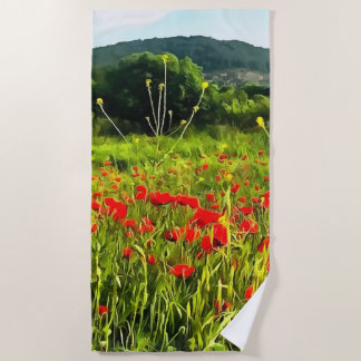Spring Poppies Meadow and Mountain Landscape Beach Towel