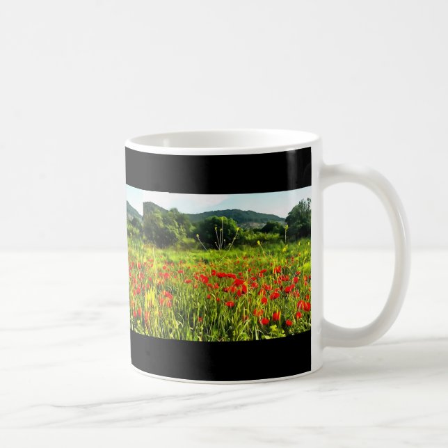 Spring Poppies Meadow and Mountain Landscape Coffee Mug (Right)