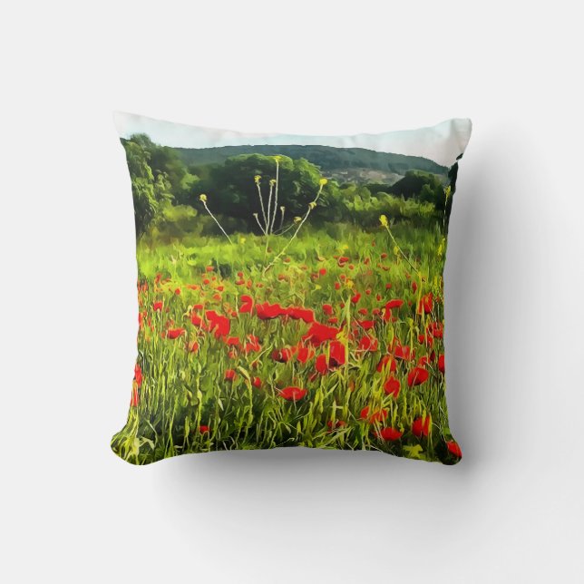 Spring Poppies Meadow and Mountain Landscape Cushion (Front)