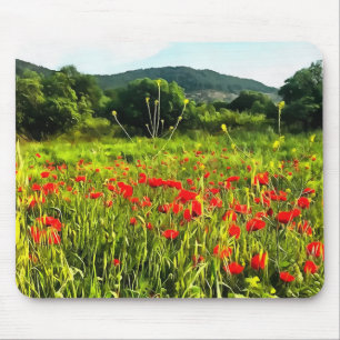 Spring Poppies Meadow and Mountain Landscape Mouse Mat