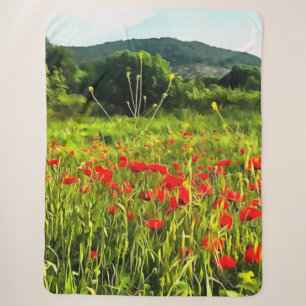 Spring Poppies Meadow and Mountain Landscape Sherpa Blanket