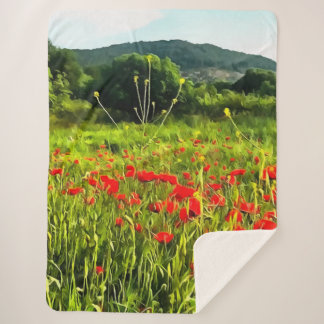 Spring Poppies Meadow and Mountain Landscape Sherpa Blanket