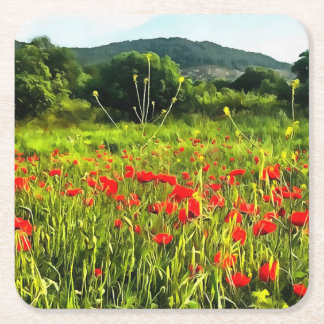 Spring Poppies Meadow and Mountain Landscape Square Paper Coaster