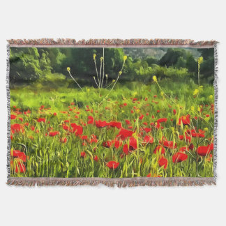 Spring Poppies Meadow and Mountain Landscape Throw Blanket
