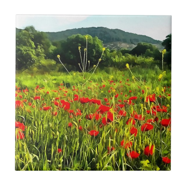 Spring Poppies Meadow and Mountain Landscape Tile (Front)