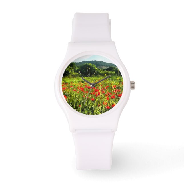 Spring Poppies Meadow and Mountain Landscape Watch (Front)