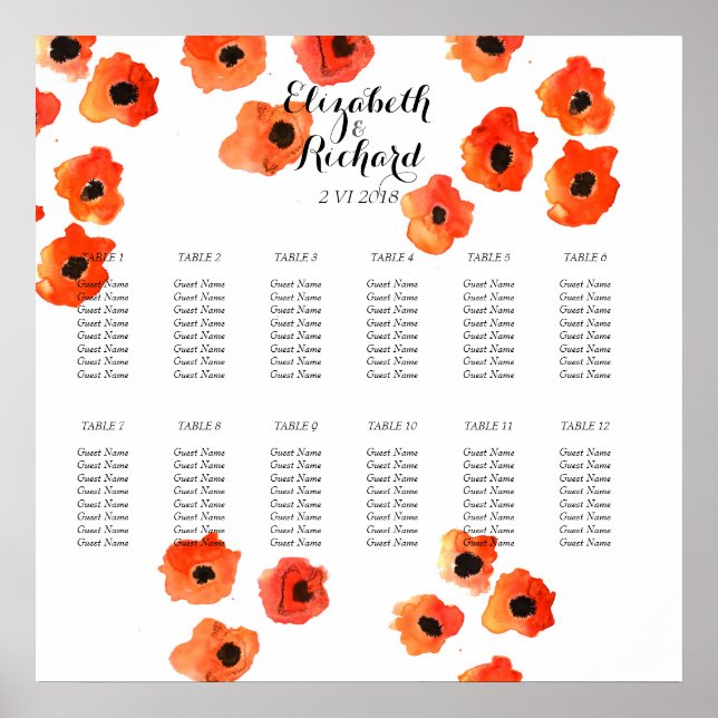 Spring poppy flowers Wedding Seating Chart (Front)