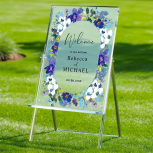 spring purple dusty blue floral wedding welcome  acrylic sign