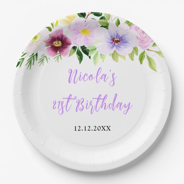Spring Purple Floral Birthday Paper Plate (Front)