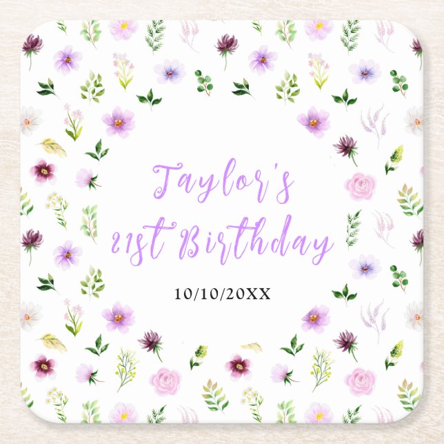 Spring Purple Floral Birthday Square Paper Coaster (Front)