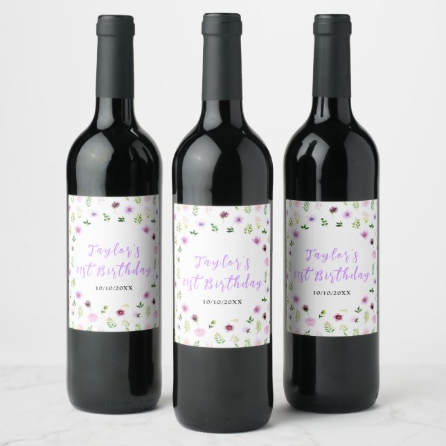 Spring Purple Floral Birthday Wine Label (Bottles)