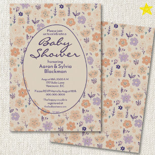 Spring Purple Flower Doodle Drawings Baby Shower Invitation